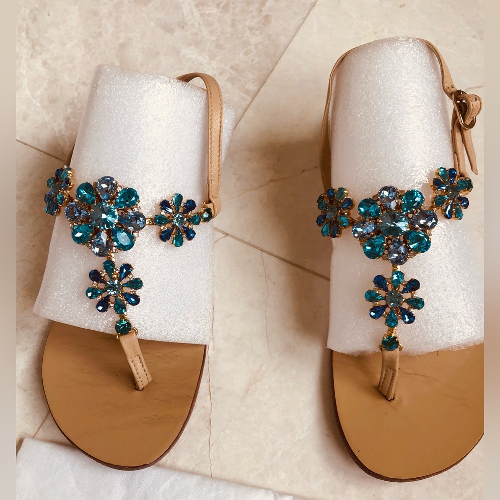 Tan Sandals with Teal Crystal Jeweled Floral Embellishments